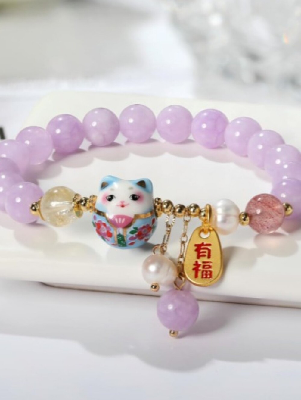 💙 2 For $40 Purple Beaded Lucky Cat Charm Bracelet